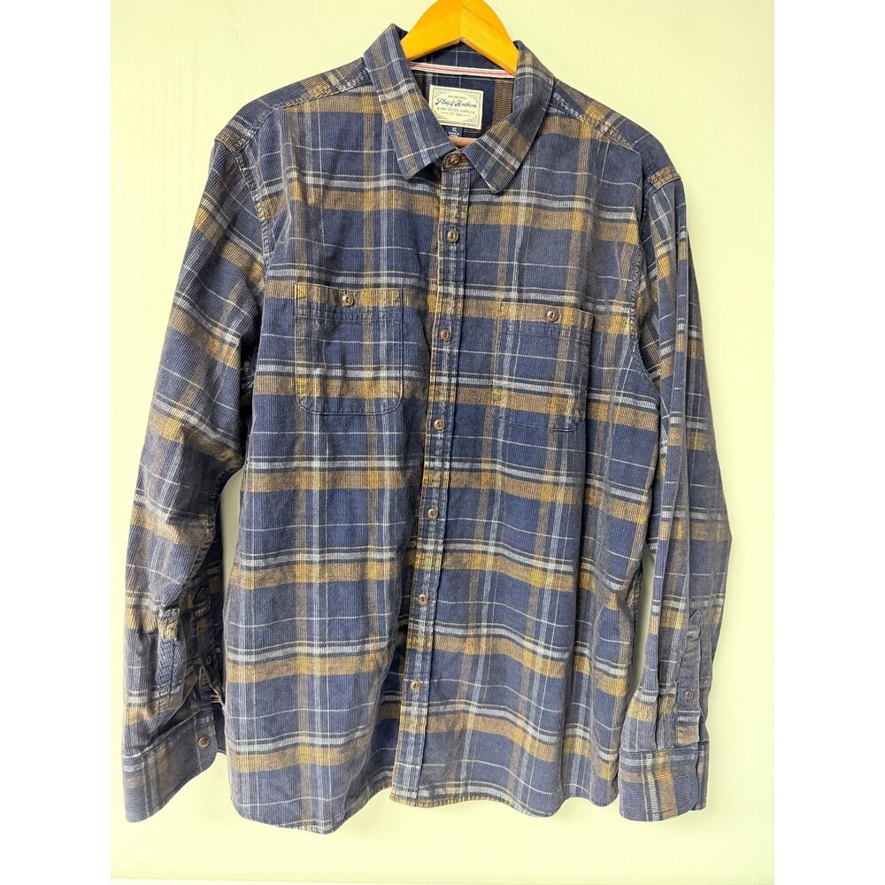 Flag & Anthem Men's XL Blue Brown Plaid Cotton Long Sleeve Button-Up Shirt